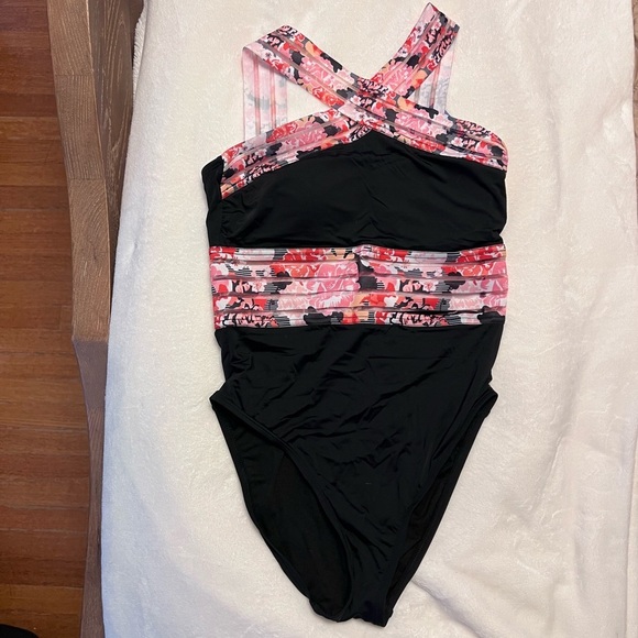 Women’s Floral Black and Pink One Piece Swimsuit - Picture 3 of 5